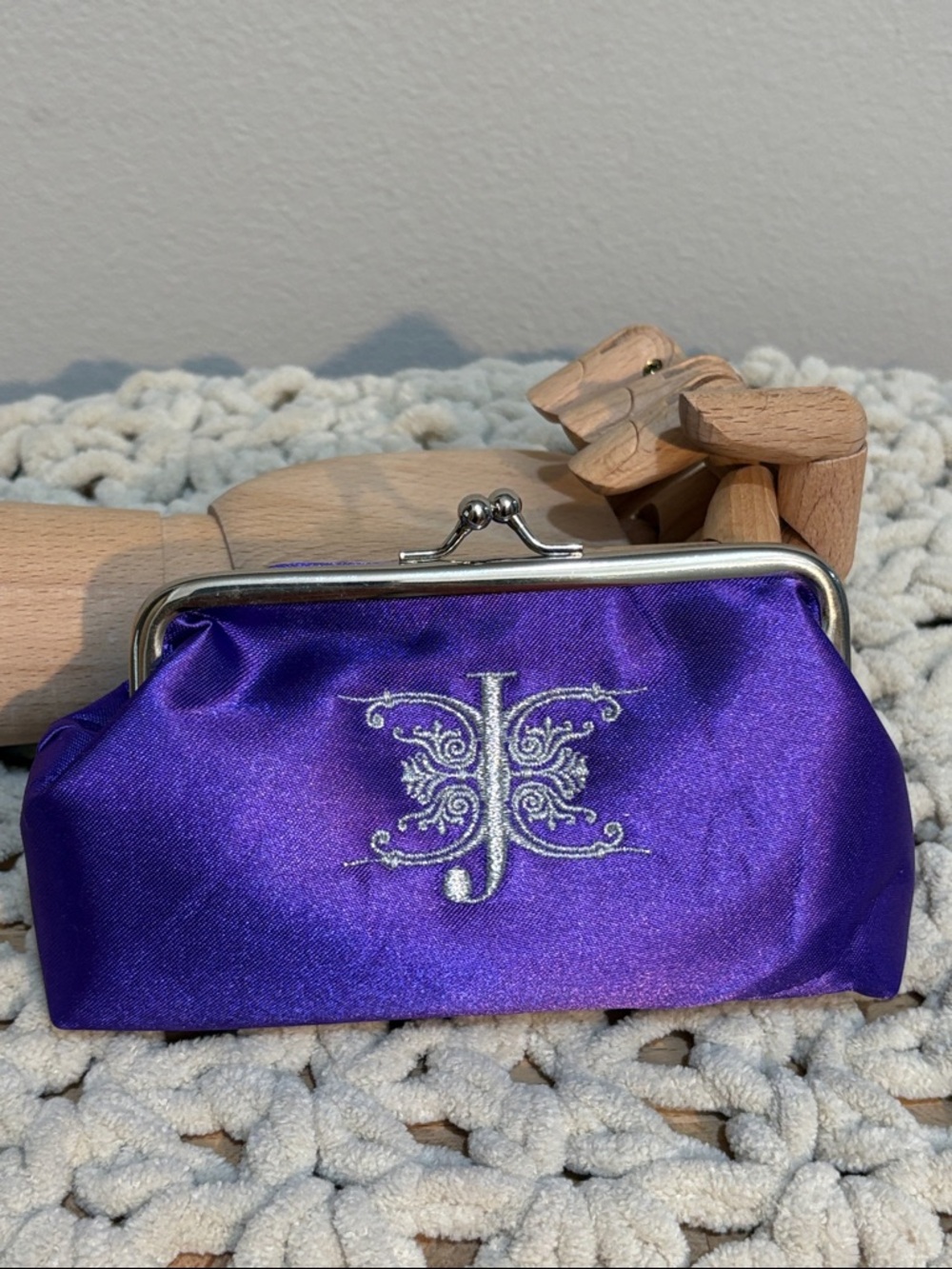 Purple Satin like Clasp Wallet with Embroidered Monogram